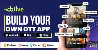 DTLive Movie, TV Show, OTT, Live TV, Streaming Flutter App (Android, iOS, Web) with Admin Panel