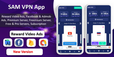 SAM VPN App - Secure VPN and Fast Servers VPN Reward Video Ads Subscription Admob & FB Ads