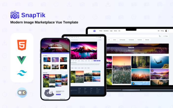 SnapTik Modern Image Marketplace Vue Template Website Template
