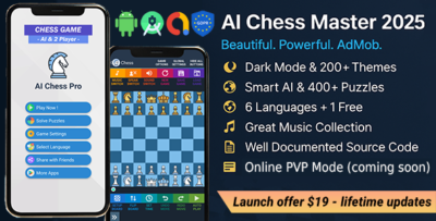 ai chess master 2025 – admob multilingual 2 player puzzles 30 music 200 tiles saveload share