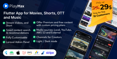 playmax flutter app for online videos reels shorts with laravel admin panel